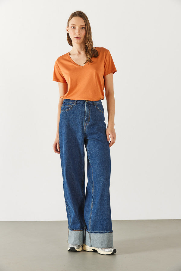 Boyfriend V Yaka Regular Fit Modal Tişört(TENCEL)(TM) - TERRACOTTA