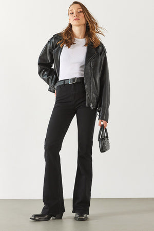 Jenny Black Yüksek Bel Flare Jean Pantolon - BLACK