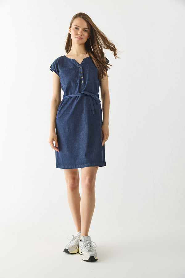 Riva Dark Blue Önü Düğmeli Regular Fit Jean Elbise - DARK BLUE