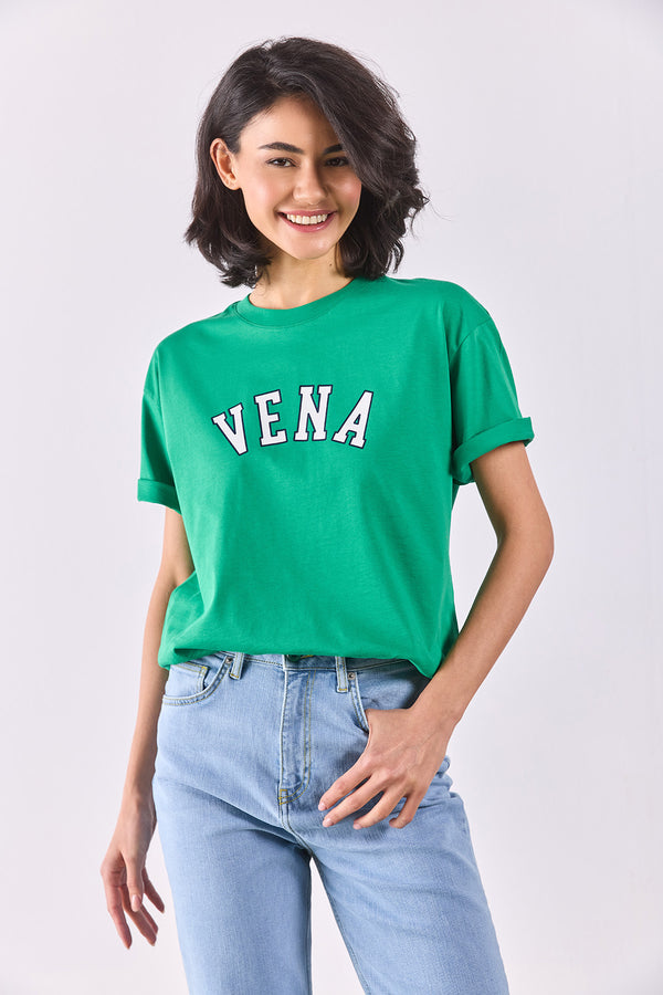 Vena Jeans Baskılı Bisiklet Yaka Regular Fit Tişört - YEŞİL