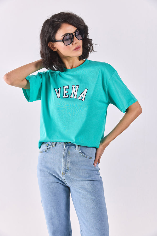Vena Jeans Baskılı Bisiklet Yaka Regular Fit Tişört - TURKUAZ
