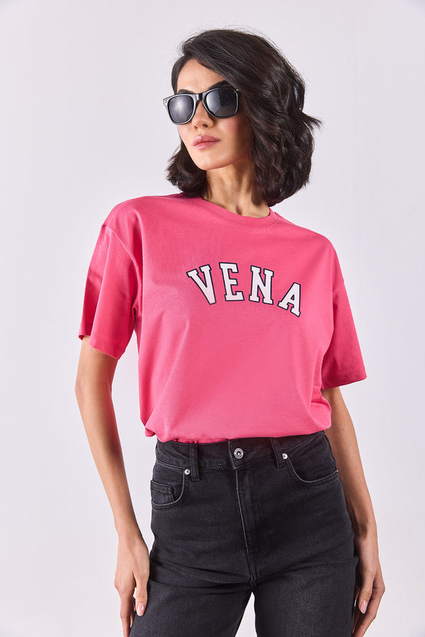 Vena Jeans Baskılı Bisiklet Yaka Regular Fit Tişört - FUŞYA