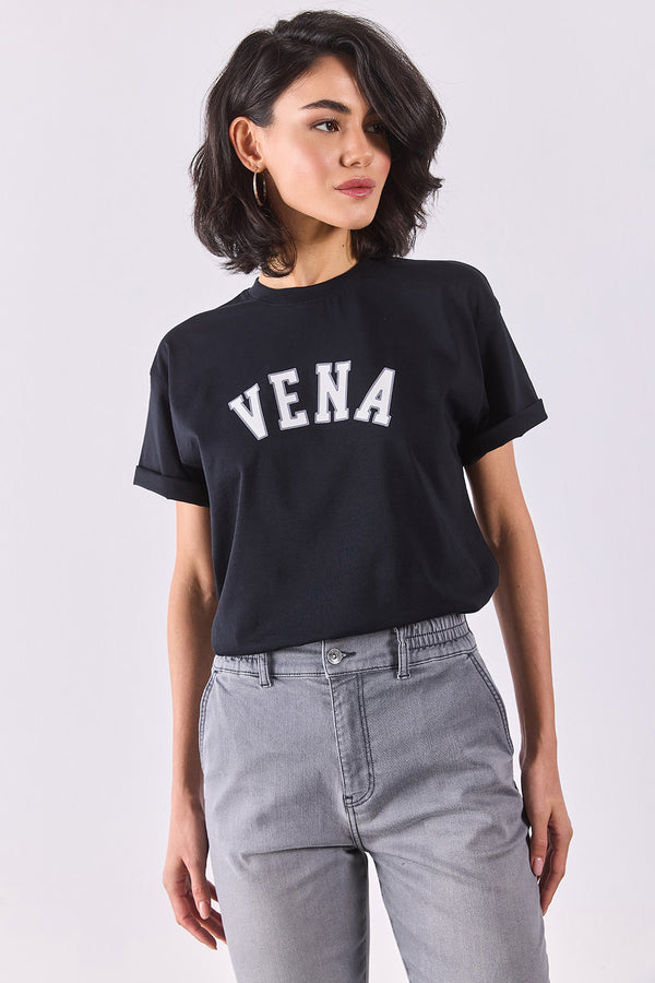 Vena Jeans Baskılı Bisiklet Yaka Regular Fit Tişört - SİYAH