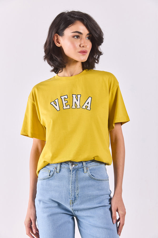 Vena Jeans Baskılı Bisiklet Yaka Regular Fit Tişört - SARI