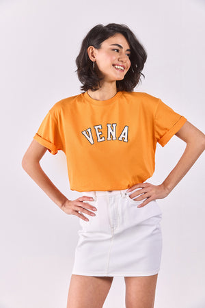 Vena Jeans Baskılı Bisiklet Yaka Regular Fit Tişört - TURUNCU