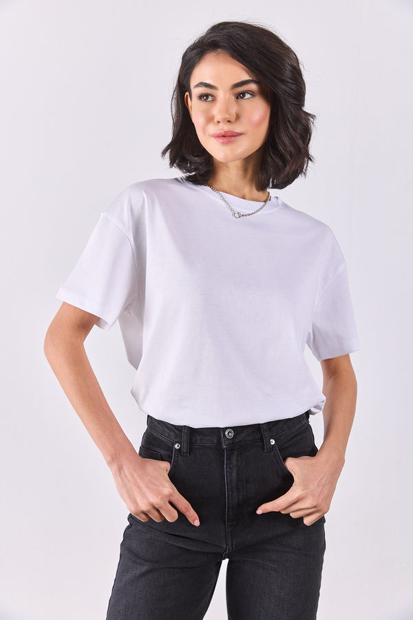 Bisiklet Yaka Oversize Rahat Kalıp Basic Tişört - BEYAZ