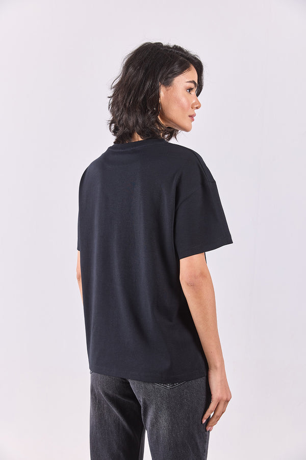 Bisiklet Yaka Oversize Rahat Kalıp Basic Tişört - SİYAH