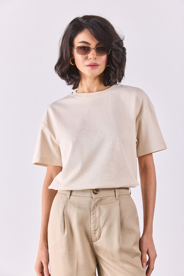 Bisiklet Yaka Oversize Rahat Kalıp Basic Tişört - NATUREL
