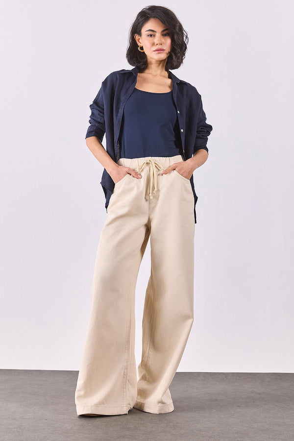 Beli Lastikli Geniş Paça Pantolon(TENCEL)(TM) - OFF WHITE