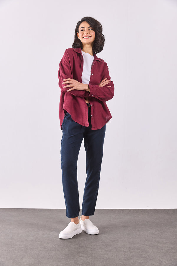 Alina Oversize Keten Gömlek - BORDO
