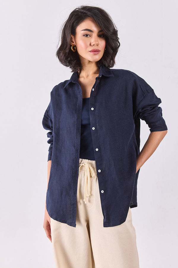 Alina Oversize Keten Gömlek - LACİVERT