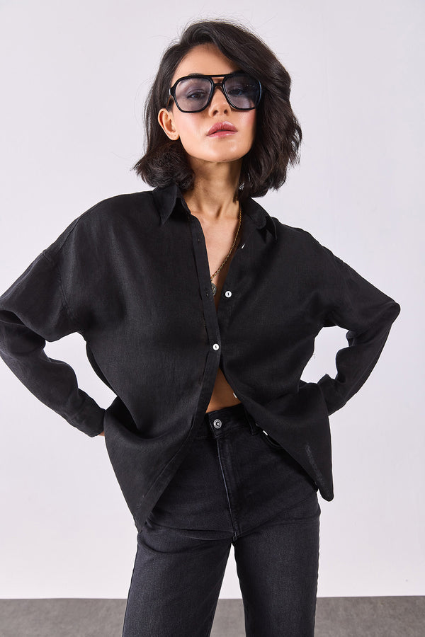 Alina Oversize Keten Gömlek - SİYAH