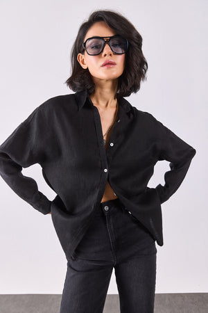 Alina Oversize Keten Gömlek - SİYAH