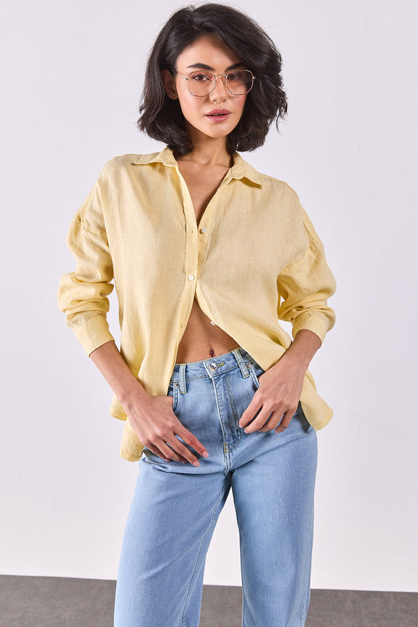 Alina Oversize Keten Gömlek - VANİLYA