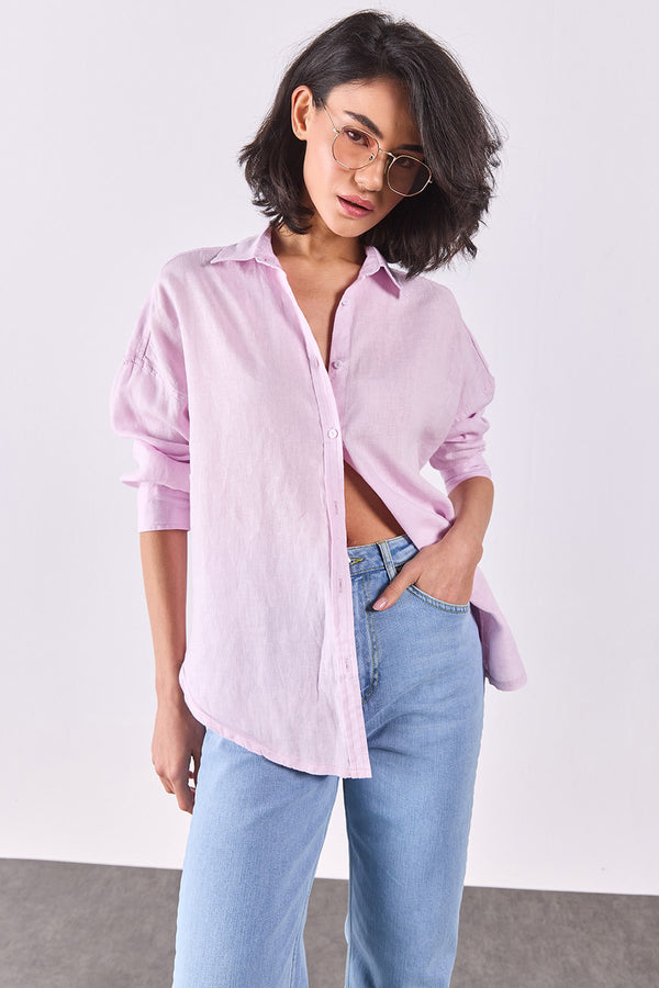 Alina Oversize Keten Gömlek - PUDRA