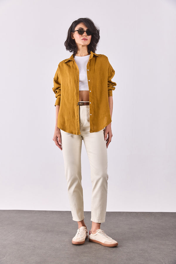 Alina Oversize Keten Gömlek - BAKIR