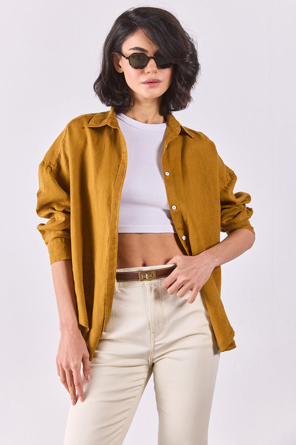 Alina Oversize Keten Gömlek - BAKIR