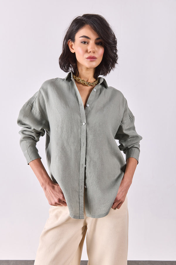 Alina Oversize Keten Gömlek - NİL YEŞİLİ