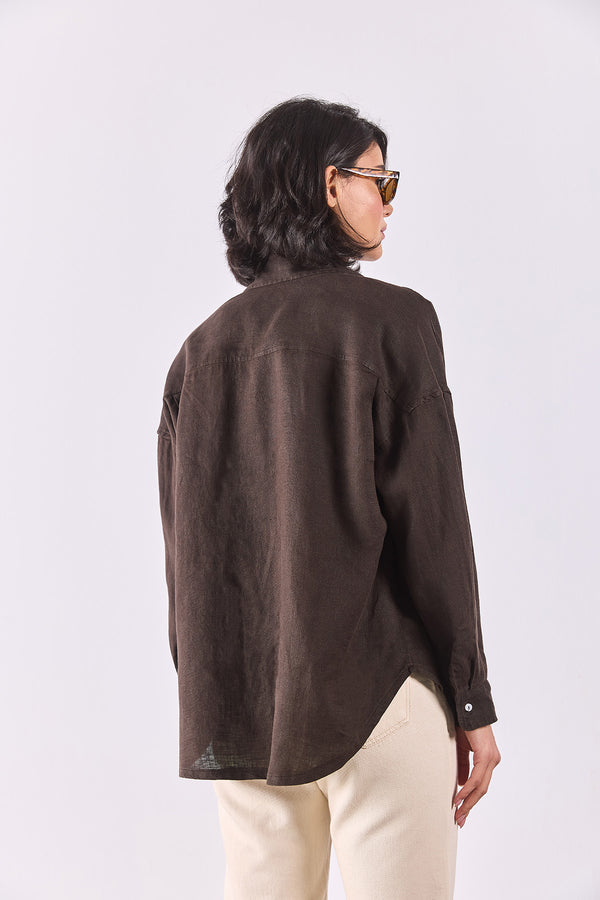 Alina Oversize Keten Gömlek - KAHVERENGİ