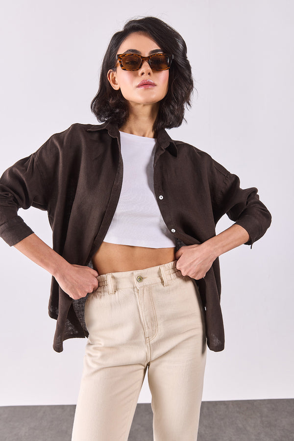 Alina Oversize Keten Gömlek - KAHVERENGİ