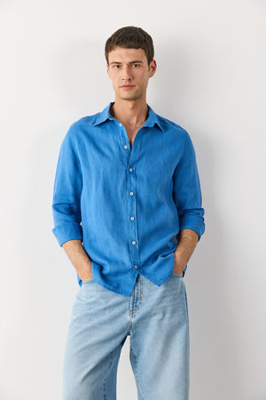 Nicolas Regular Fit Keten Gömlek - MAVİ