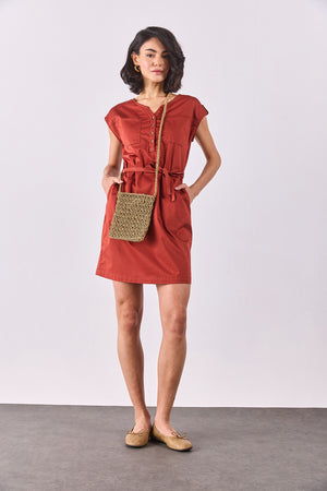 Riva Önü Düğmeli Regular Fit Gabardin Elbise - TERRACOTTA