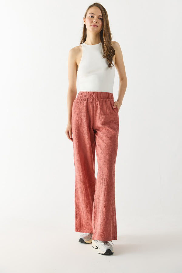 Beli Lastikli Pamuklu Krinkle Pantolon - KİREMİT