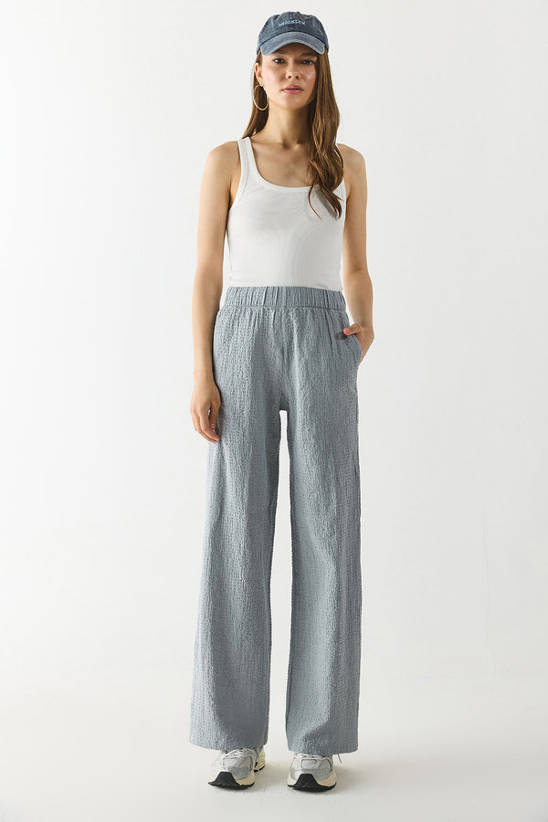 Beli Lastikli Pamuklu Krinkle Pantolon - GRİ