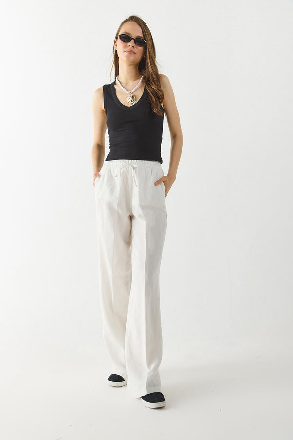 Kadın Geniş Paça Keten Beach Pantolon - FİLDİŞİ