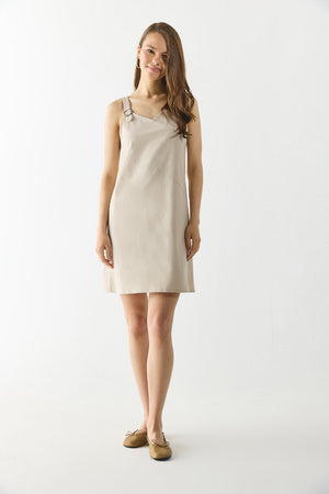 Angelica Regular Fit Keten Elbise - BEJ