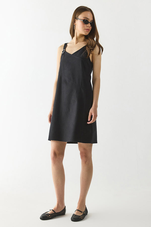 Angelica Regular Fit Keten Elbise - SİYAH