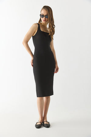 Amy Kare Yaka Slim Fit Örme Elbise(CUPRO) - SİYAH