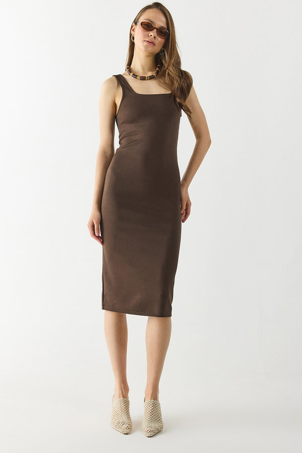 Amy Kare Yaka Slim Fit Örme Elbise(CUPRO) - KAHVE