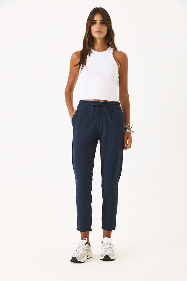 Alian Beli Lastikli Gofre Çizgili Beach Pantolon - LACİVERT ÇİZGİLİ