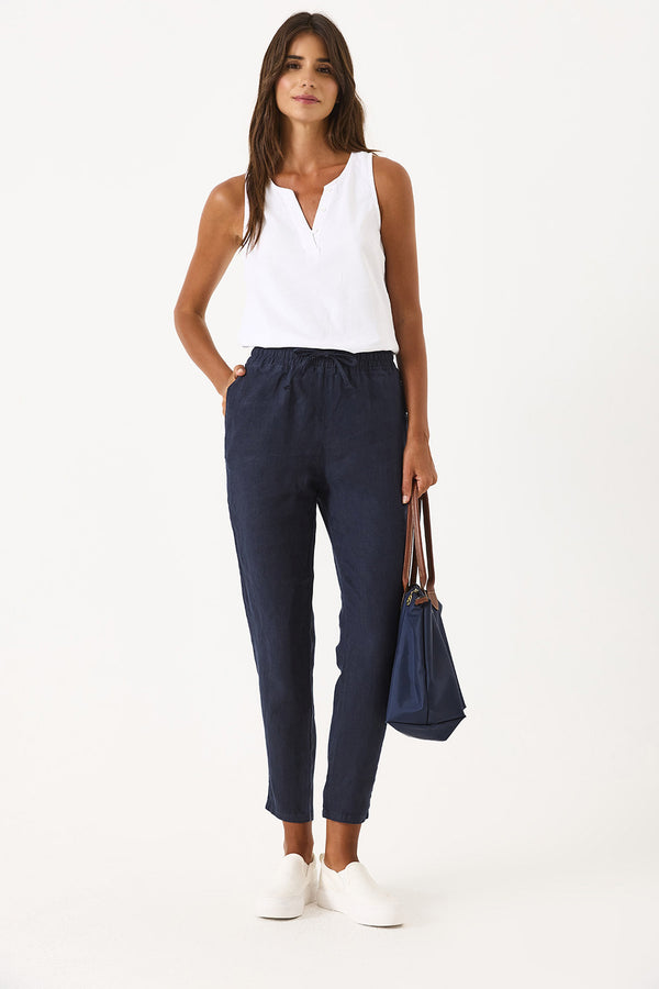 Alian Beli Lastikli Keten Beach Pantolon - LACİVERT