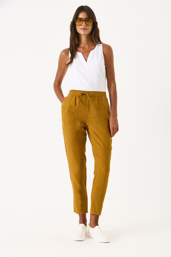 Alian Beli Lastikli Keten Beach Pantolon - BAKIR