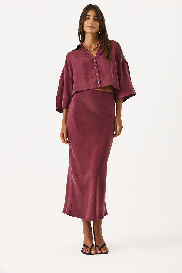 Lyocell Saten Midi Etek - BORDO