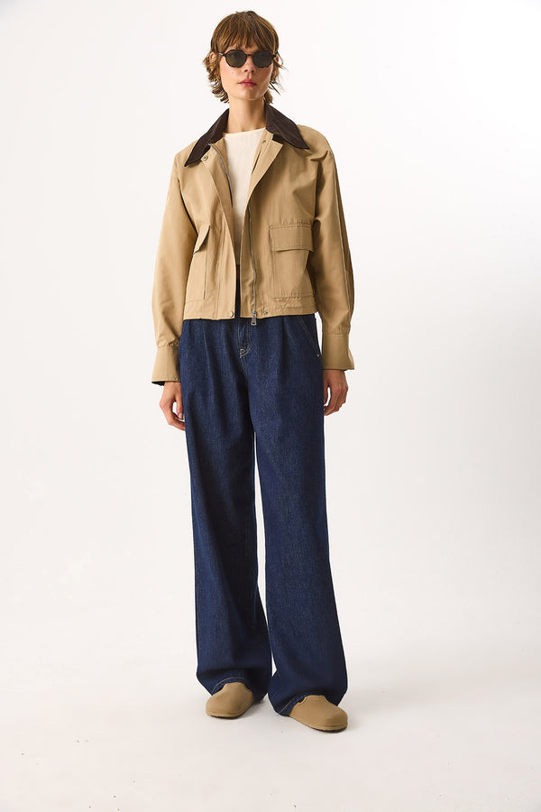 Kadın Kadife Yakalı Regular Fit Gabardin Ceket - BEJ