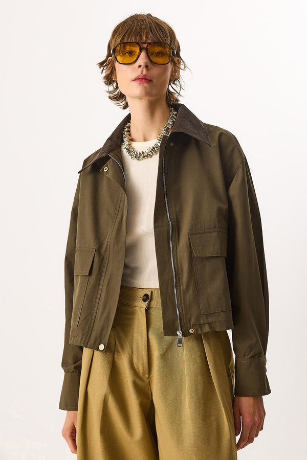 Kadın Kadife Yakalı Regular Fit Gabardin Ceket - HAKİ