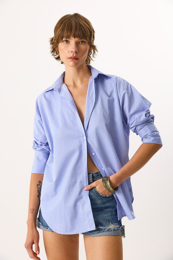 Rose Regular Fit Çizgili Gömlek - MAVİ ÇİZGİLİ