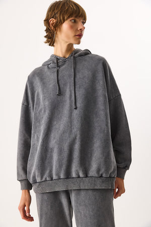 Kapüşonlu Regular Fit Yıkamalı %100 Pamuk Sweatshirt - ANTRASİT