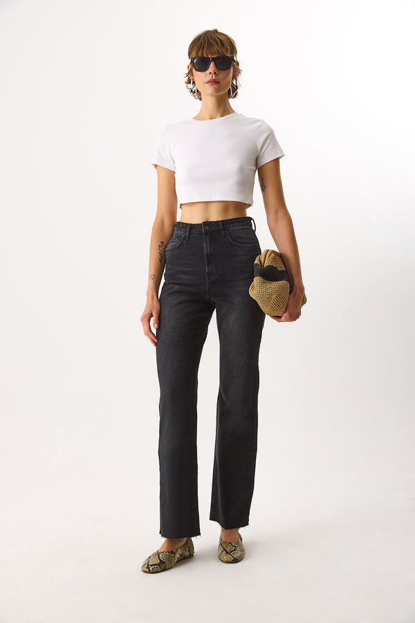 Wanda Ekstra Yüksek Bel Black Wide Leg %100 Pamuk Jean Pantolon - BLACK