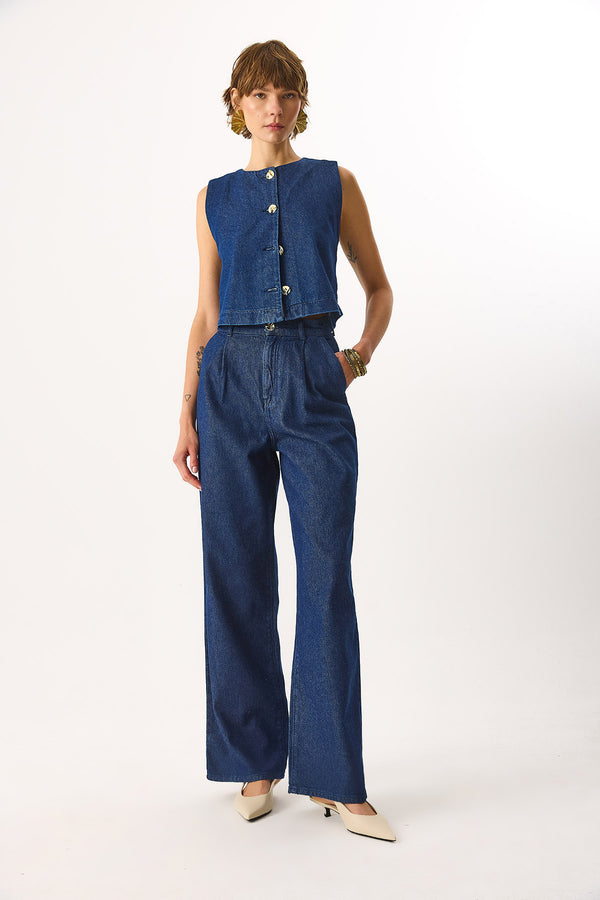Chloe Wide Leg Dark Blue %100 Pamuk Jean Palazzo Pantolon - DARK BLUE