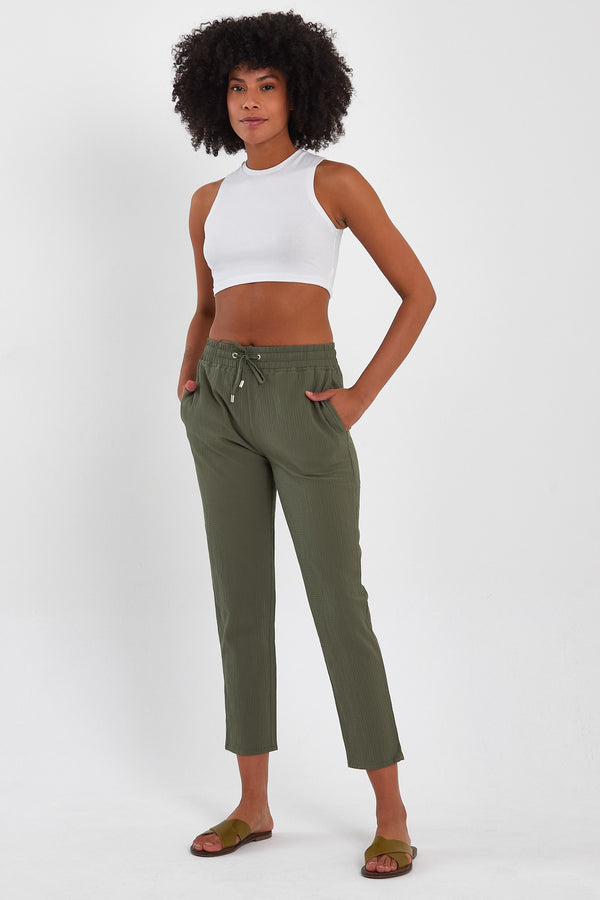 Alian Beli Lastikli Armürlü Gabardin Pantolon - HAKİ
