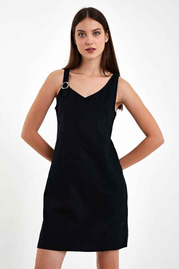 Angelica Regular Fit Keten Elbise - SİYAH