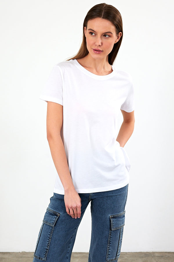 Boyfriend Bisiklet Yaka Regular Fit Tişört ( MODAL ) - BEYAZ