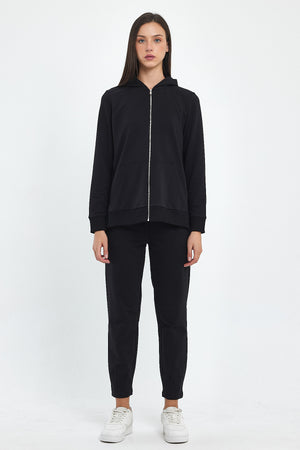 Gwen Yanı Yırtmaçlı Fermuarlı Sweatshirt - SİYAH