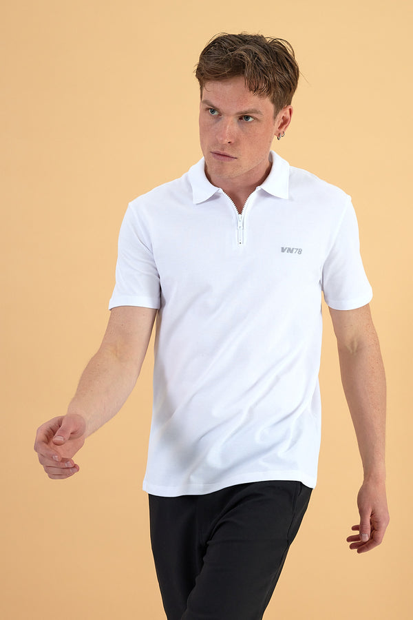 Nicolas Fermuar Detaylı Polo Yakalı Tişört - BEYAZ