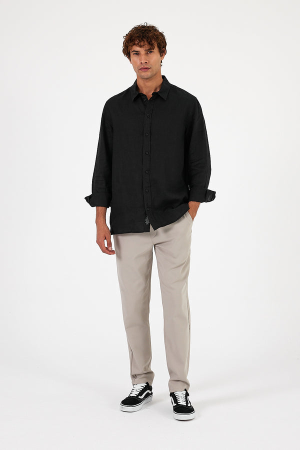 Nicolas Regular Fit Keten Gömlek - SİYAH