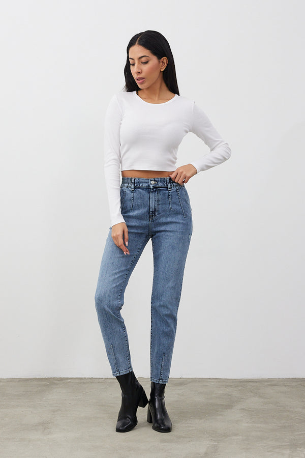 Norah Med Blue Yıpratma Detaylı Beli Lastikli Jean Pantolon - MED BLUE 1K2411802YMB-151